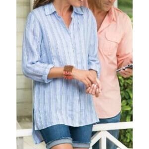 Soft Surroundings Long Sleeve Button Linen Stripe Tunic Top Blue Women's Large